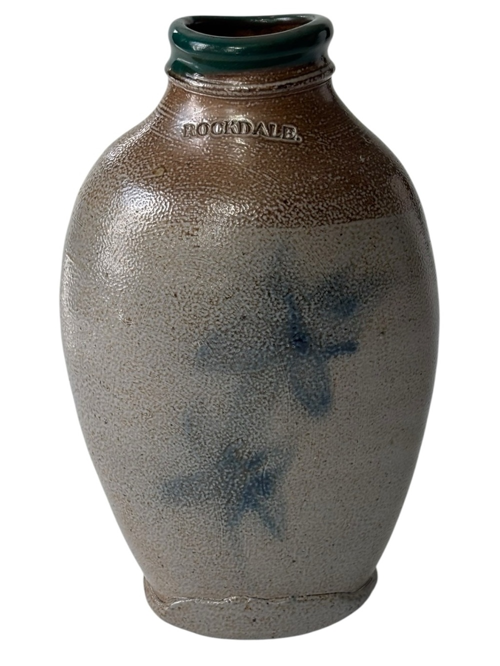 Rockdale Union vintage Stoneware salt-glazed blue floral green rim PJ stamp vase